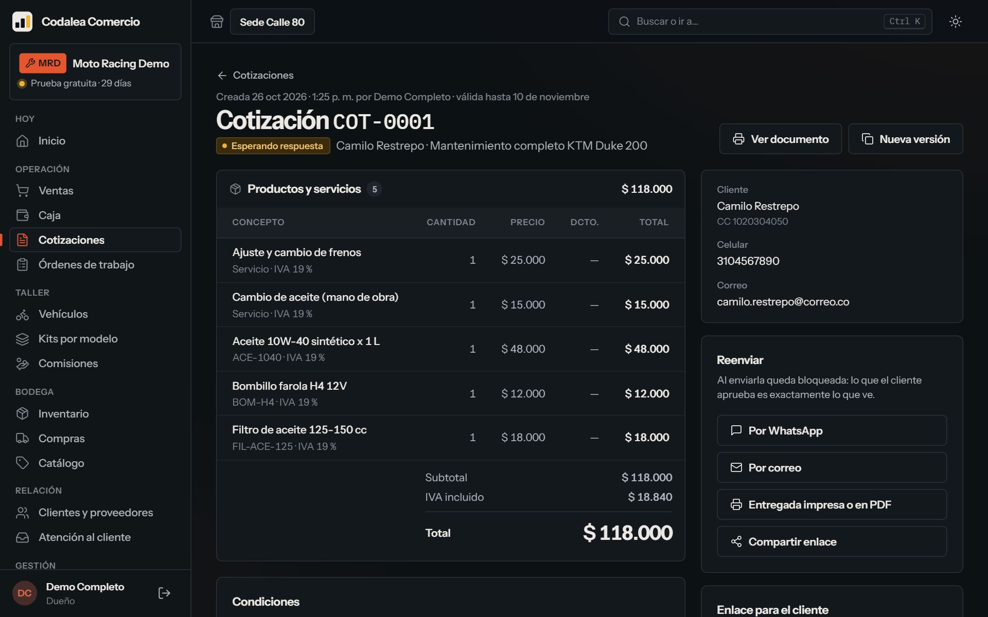Cotización enviada con servicios y repuestos, vigencia y condiciones