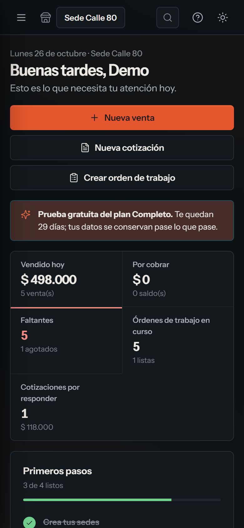 Inicio de Codalea Comercio en el celular con lo que necesita atención hoy