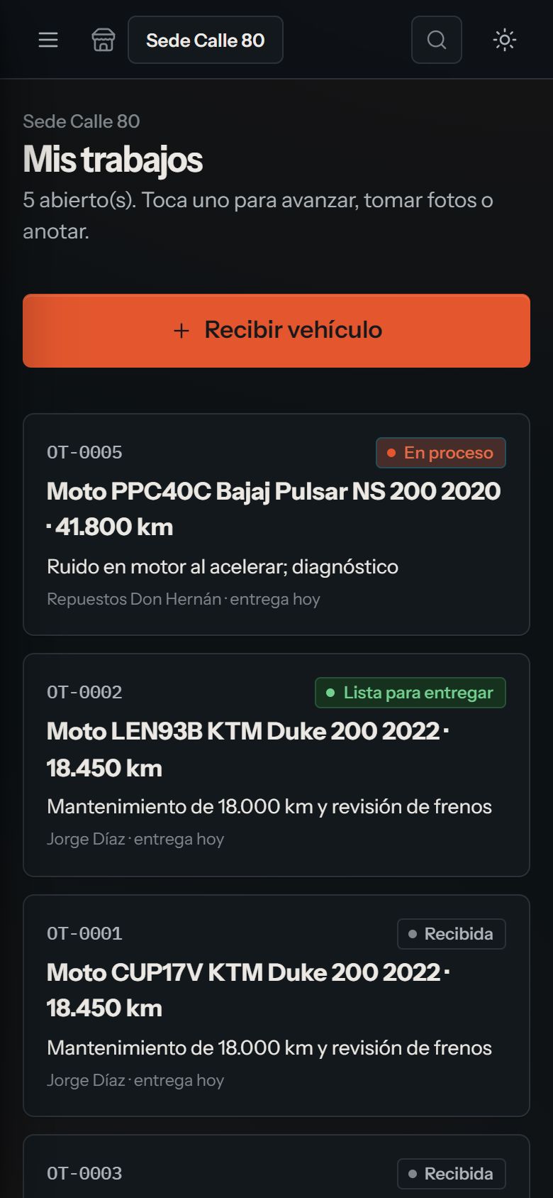 Pantalla del mecánico con sus órdenes asignadas