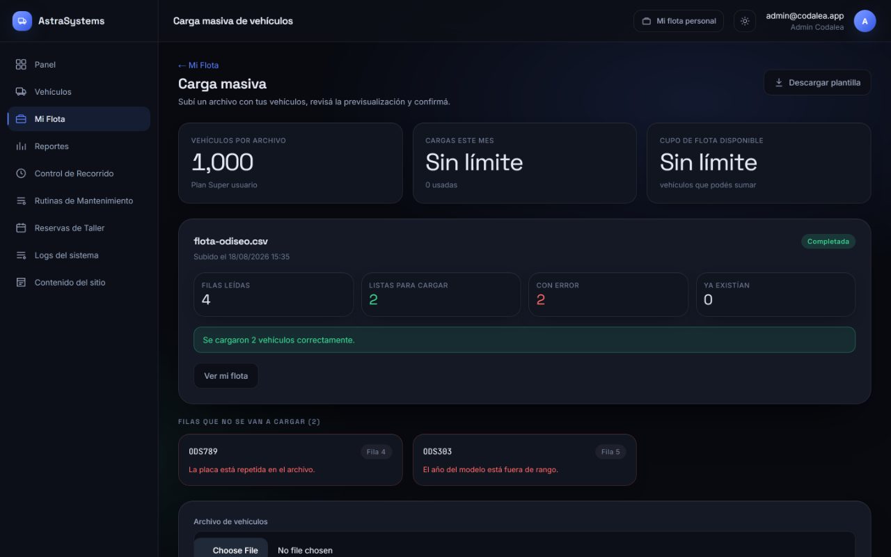Carga masiva de AstraSystems mostrando la vista previa de los vehículos antes de importarlos